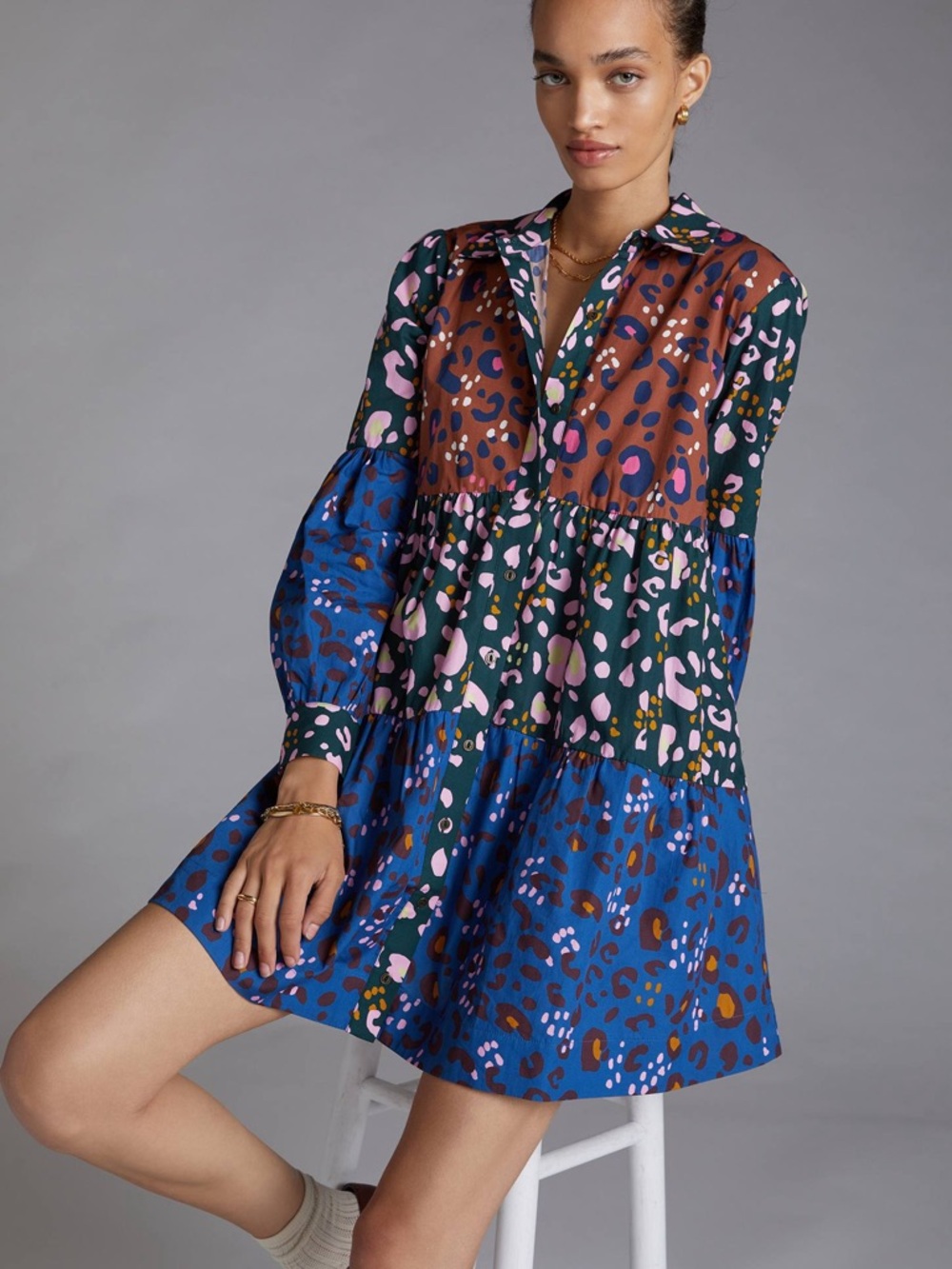 Maeve Multi-Print Tiered Mini Dress in Blue, Green, Brown & Pink